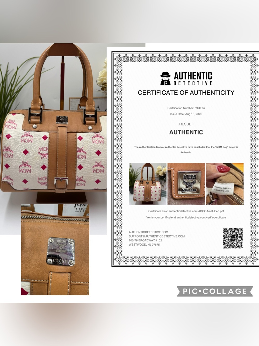 MCM Monogram Visetos White Pink Satchel Boston Bag Leather Trim COA